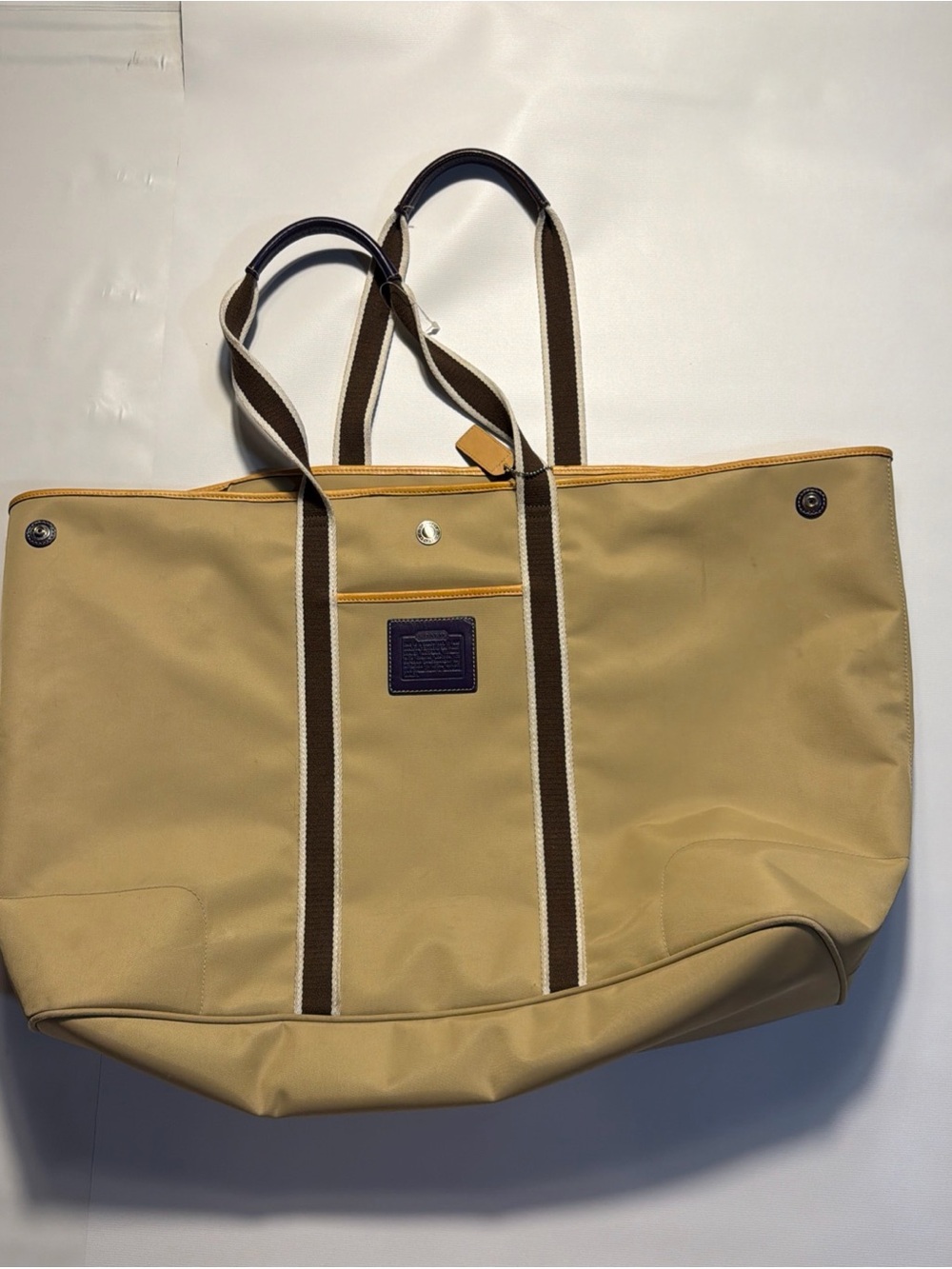 Coach Hampton Tan Nylon & Leather Weekender Purple/Brown Handles Large Tote